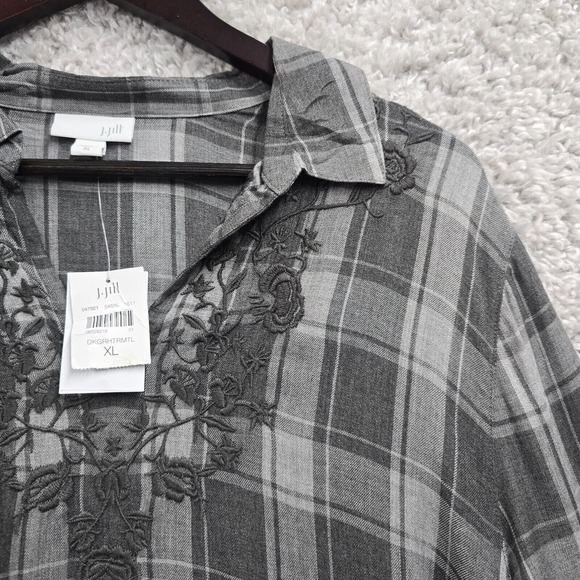 J Jill Shirt Womens XL Gray Tunic Plaid Embroidered Pullover Long Sleeve New - Picture 3 of 11